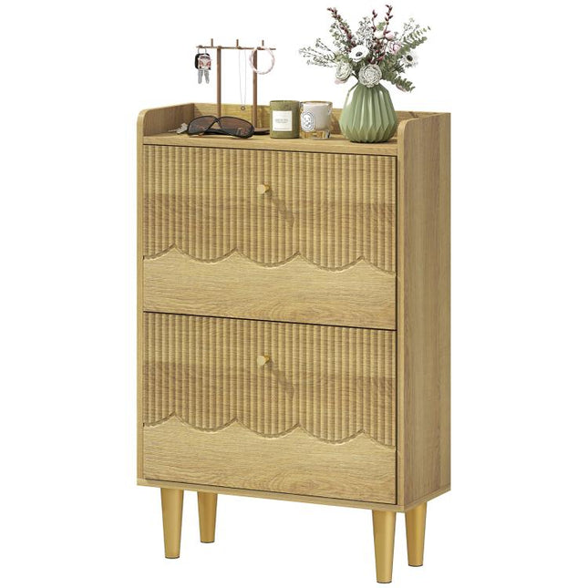 Narrow Shoe Cabinet, Modern Shoe Storage Cabinet with 2 Flip Drawers, Oak