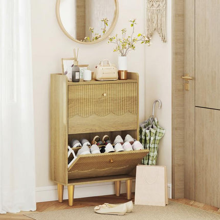 Narrow Shoe Cabinet, Modern Shoe Storage Cabinet with 2 Flip Drawers, Oak