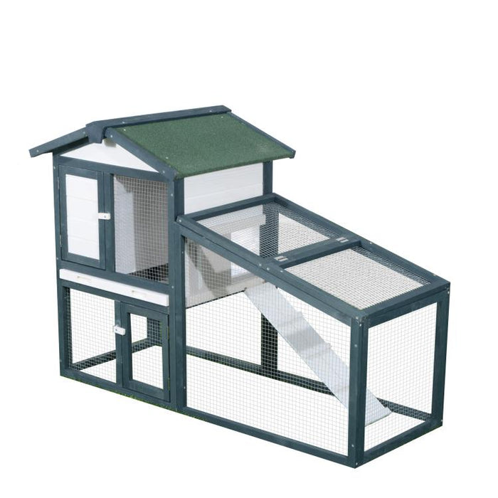 2-Tier Wooden Rabbit and Pet Hutch (Fir Wood) with Double Doors – 140x65x100cm – Green and White