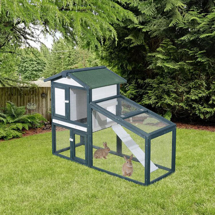2-Tier Wooden Rabbit and Pet Hutch (Fir Wood) with Double Doors – 140x65x100cm – Green and White