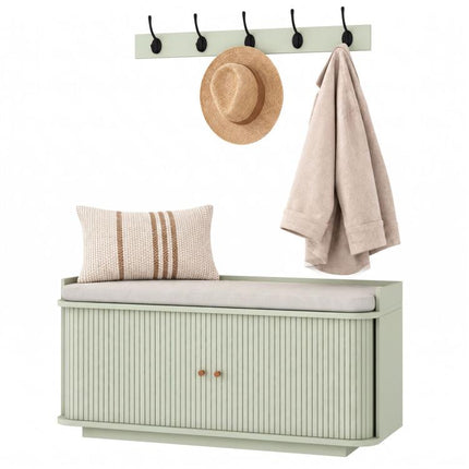 Hallway Storage Unit, Hallway Furniture Set with Shoe Storage Cabinet and 5 Hooks Coat Rack, Light Green