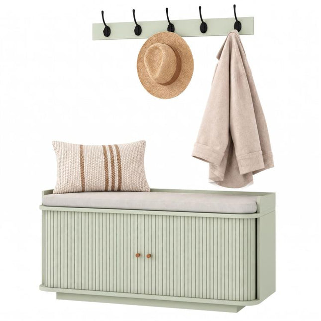 Hallway Storage Unit, Hallway Furniture Set with Shoe Storage Cabinet and 5 Hooks Coat Rack, Light Green