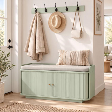 Hallway Storage Unit, Hallway Furniture Set with Shoe Storage Cabinet and 5 Hooks Coat Rack, Light Green