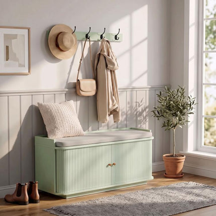 Hallway Storage Unit, Hallway Furniture Set with Shoe Storage Cabinet and 5 Hooks Coat Rack, Light Green
