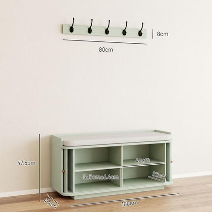 Hallway Storage Unit, Hallway Furniture Set with Shoe Storage Cabinet and 5 Hooks Coat Rack, Light Green