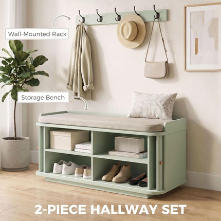 Hallway Storage Unit, Hallway Furniture Set with Shoe Storage Cabinet and 5 Hooks Coat Rack, Light Green