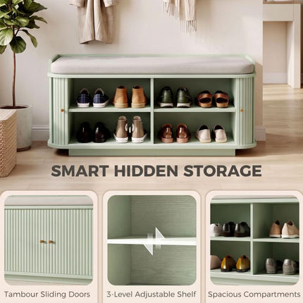 Hallway Storage Unit, Hallway Furniture Set with Shoe Storage Cabinet and 5 Hooks Coat Rack, Light Green