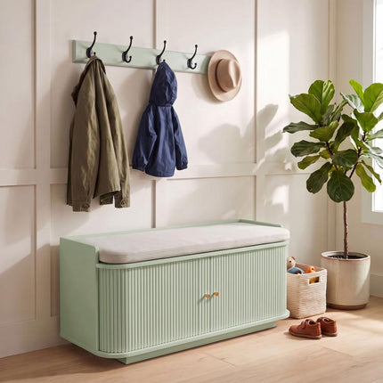 Hallway Storage Unit, Hallway Furniture Set with Shoe Storage Cabinet and 5 Hooks Coat Rack, Light Green