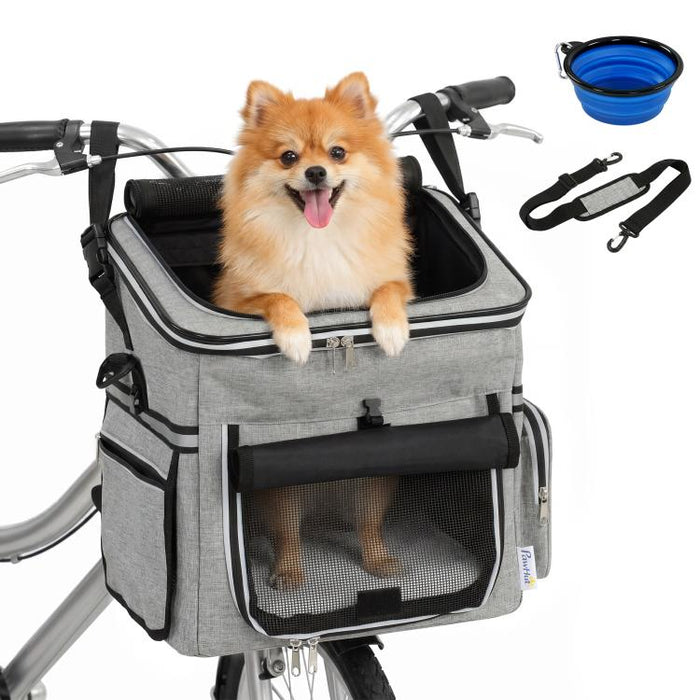 Dog Bike Basket, Soft-Sided Pet Carrier with Security Leash, Mesh Door & Window, Plush Cushion, Bowl, Light Grey