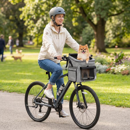 Dog Bike Basket, Soft-Sided Pet Carrier with Security Leash, Mesh Door & Window, Plush Cushion, Bowl, Light Grey