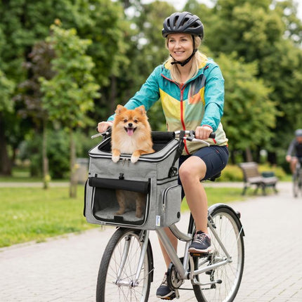 Dog Bike Basket, Soft-Sided Pet Carrier with Security Leash, Mesh Door & Window, Plush Cushion, Bowl, Light Grey