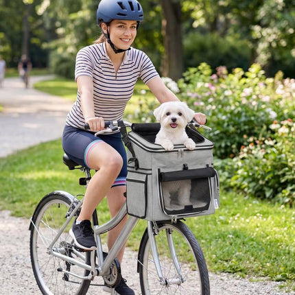 Dog Bike Basket, Soft-Sided Pet Carrier with Security Leash, Mesh Door & Window, Plush Cushion, Bowl, Light Grey