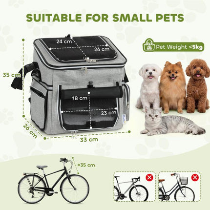 Dog Bike Basket, Soft-Sided Pet Carrier with Security Leash, Mesh Door & Window, Plush Cushion, Bowl, Light Grey