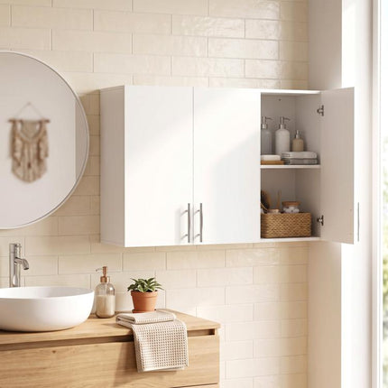 Bathroom Wall Cabinet, Wall-Mounted Bathroom Storage Cabinet with 3 Doors, Adjustable Shelf for Kitchen, White
