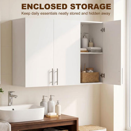 Bathroom Wall Cabinet, Wall-Mounted Bathroom Storage Cabinet with 3 Doors, Adjustable Shelf for Kitchen, White