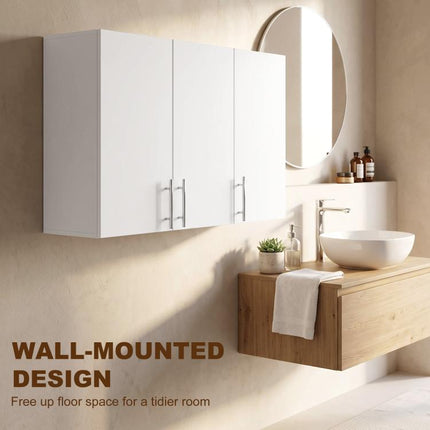 Bathroom Wall Cabinet, Wall-Mounted Bathroom Storage Cabinet with 3 Doors, Adjustable Shelf for Kitchen, White