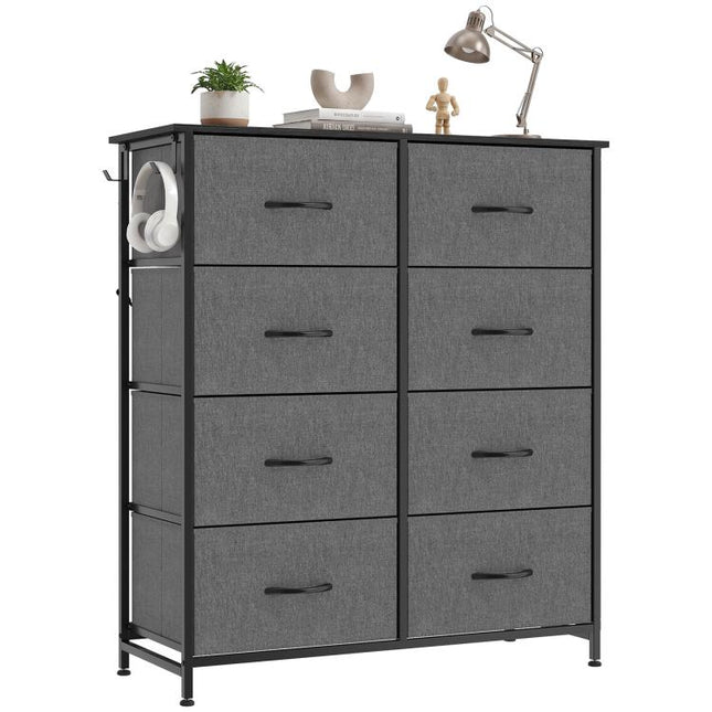 Chest of Drawers, Dresser for Bedroom with 8 Fabric Drawers, Tall Storage Unit w/ Side Storage Bag, Grey