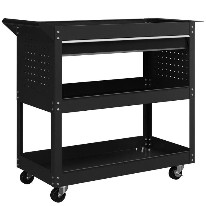3-Tier Tool Trolley Cart Storage Shelf Roller Cabinet DIY Box Garage Workshop with Drawer Black