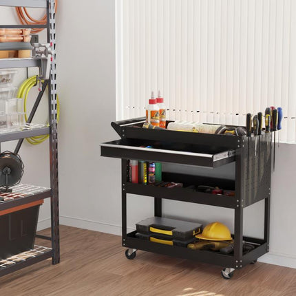 3-Tier Tool Trolley Cart Storage Shelf Roller Cabinet DIY Box Garage Workshop with Drawer Black