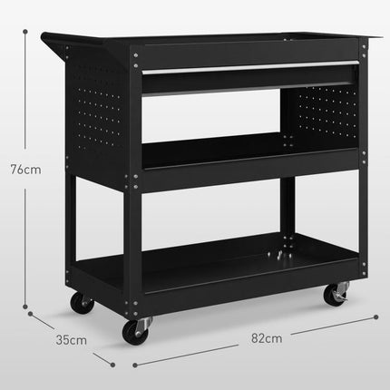 3-Tier Tool Trolley Cart Storage Shelf Roller Cabinet DIY Box Garage Workshop with Drawer Black