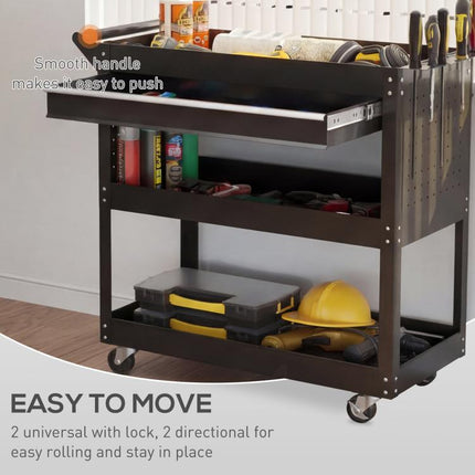 3-Tier Tool Trolley Cart Storage Shelf Roller Cabinet DIY Box Garage Workshop with Drawer Black