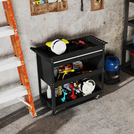 3-Tier Tool Trolley Cart Storage Shelf Roller Cabinet DIY Box Garage Workshop with Drawer Black