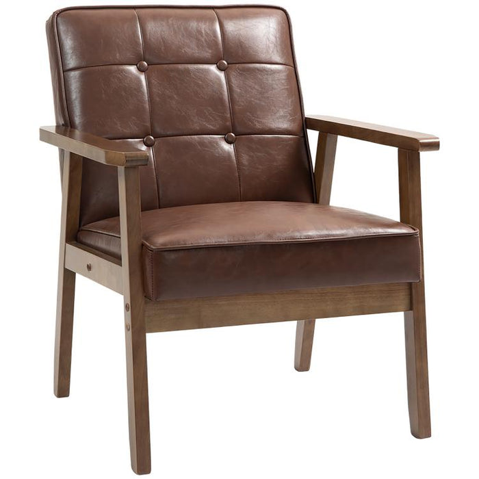 Padded PU Leather Living Room Armchair with Quilted Backrest and Armrests, Rubberwood Frame, Brown