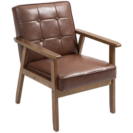 Padded PU Leather Living Room Armchair with Quilted Backrest and Armrests, Rubberwood Frame, Brown