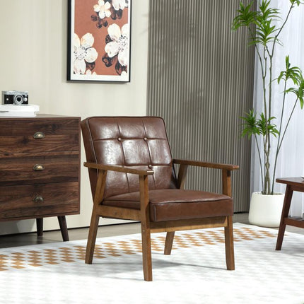 Padded PU Leather Living Room Armchair with Quilted Backrest and Armrests, Rubberwood Frame, Brown