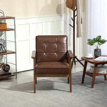 Padded PU Leather Living Room Armchair with Quilted Backrest and Armrests, Rubberwood Frame, Brown