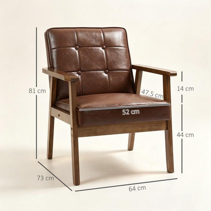 Padded PU Leather Living Room Armchair with Quilted Backrest and Armrests, Rubberwood Frame, Brown