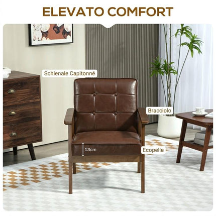 Padded PU Leather Living Room Armchair with Quilted Backrest and Armrests, Rubberwood Frame, Brown
