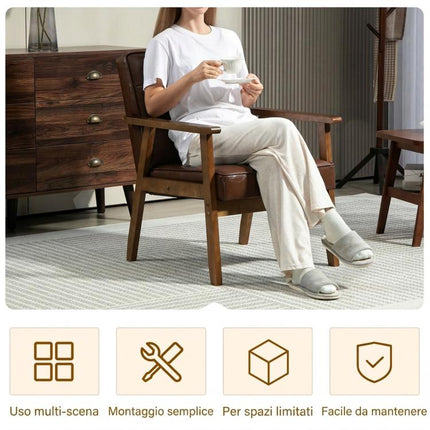 Padded PU Leather Living Room Armchair with Quilted Backrest and Armrests, Rubberwood Frame, Brown