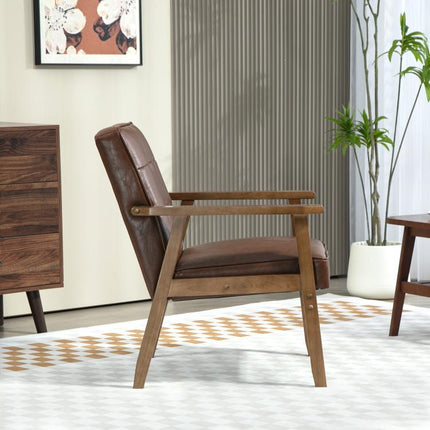 Padded PU Leather Living Room Armchair with Quilted Backrest and Armrests, Rubberwood Frame, Brown