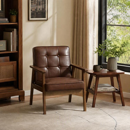 Padded PU Leather Living Room Armchair with Quilted Backrest and Armrests, Rubberwood Frame, Brown