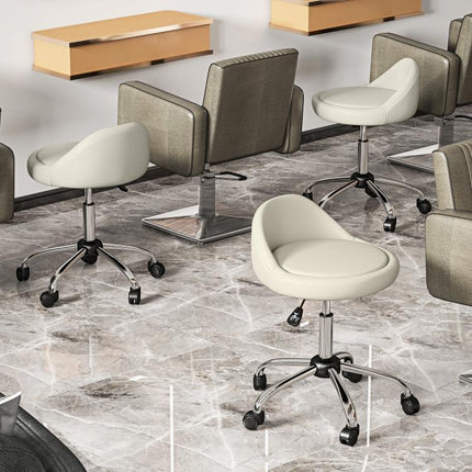 Stool with Wheels, Swivel Seat, Adjustable Height, and PU Faux Leather Upholstery, White