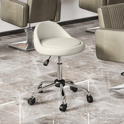 Stool with Wheels, Swivel Seat, Adjustable Height, and PU Faux Leather Upholstery, White