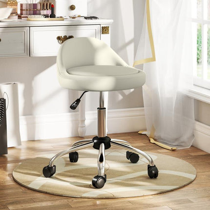Stool with Wheels, Swivel Seat, Adjustable Height, and PU Faux Leather Upholstery, White