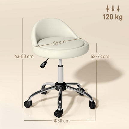 Stool with Wheels, Swivel Seat, Adjustable Height, and PU Faux Leather Upholstery, White