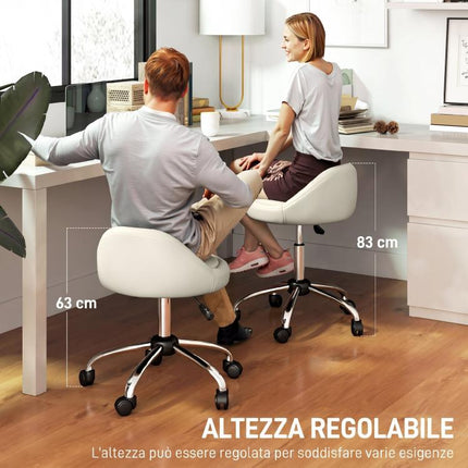 Stool with Wheels, Swivel Seat, Adjustable Height, and PU Faux Leather Upholstery, White