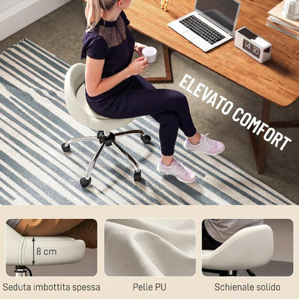 Stool with Wheels, Swivel Seat, Adjustable Height, and PU Faux Leather Upholstery, White