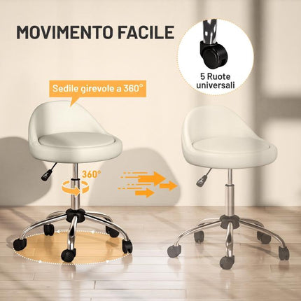Stool with Wheels, Swivel Seat, Adjustable Height, and PU Faux Leather Upholstery, White