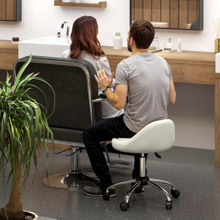 Stool with Wheels, Swivel Seat, Adjustable Height, and PU Faux Leather Upholstery, White