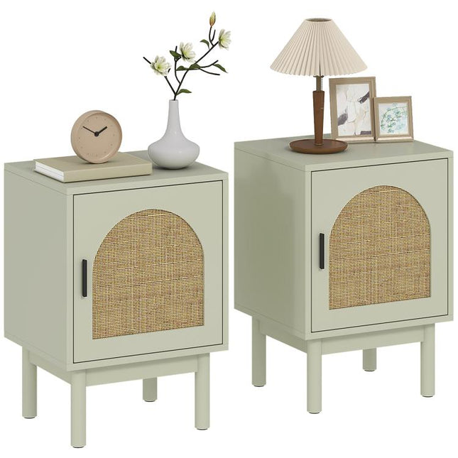 Set of 2 bedside tables, nightstand with woven resin door, adjustable shelf, 40 x 35 x 58 cm, light green