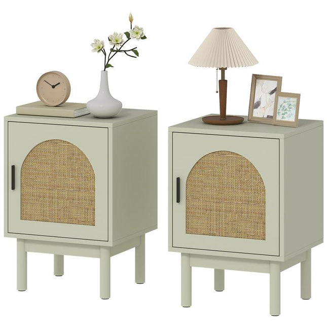 Set of 2 bedside tables, nightstand with woven resin door, adjustable shelf, 40 x 35 x 58 cm, light green