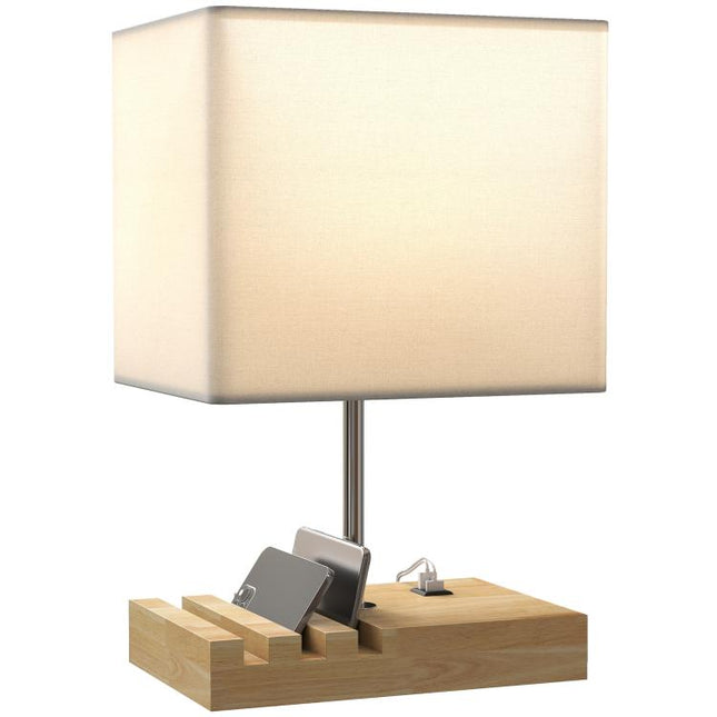 Lámpara de Mesa con Puertos USB-A/C Tres Ranuras para Teléfonos Base de Madera y Pantalla de Tela Blanco