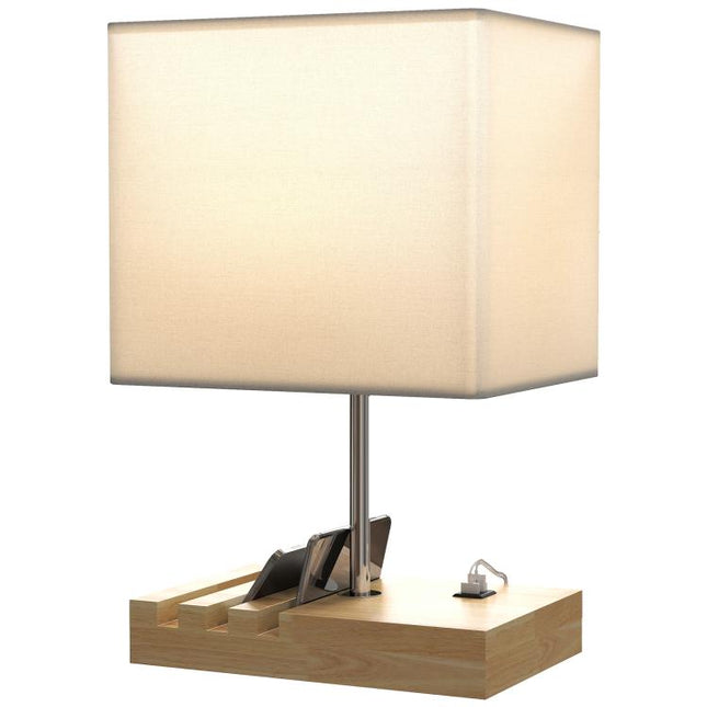 Lámpara de Mesa con Puertos USB-A/C Tres Ranuras para Teléfonos Base de Madera y Pantalla de Tela Blanco