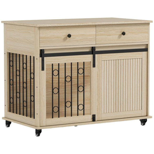 Hundebox auf R?dern, 2 Türen, 2 Schubladen, für mittlere und gro?e Hunde, Holz, Stahl