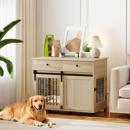Hundebox auf R?dern, 2 Türen, 2 Schubladen, für mittlere und gro?e Hunde, Holz, Stahl