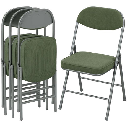 4er-Set gepolsterte Klappstühle, Faltbare Stühle mit Cordbezug, Rückenlehne, Metallrahmen, Grün